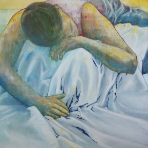 Gemälde in Mischtechnik eines Mannes auf einem Bett liegend, Illustration des Liedes Fieber von von Peter Fox